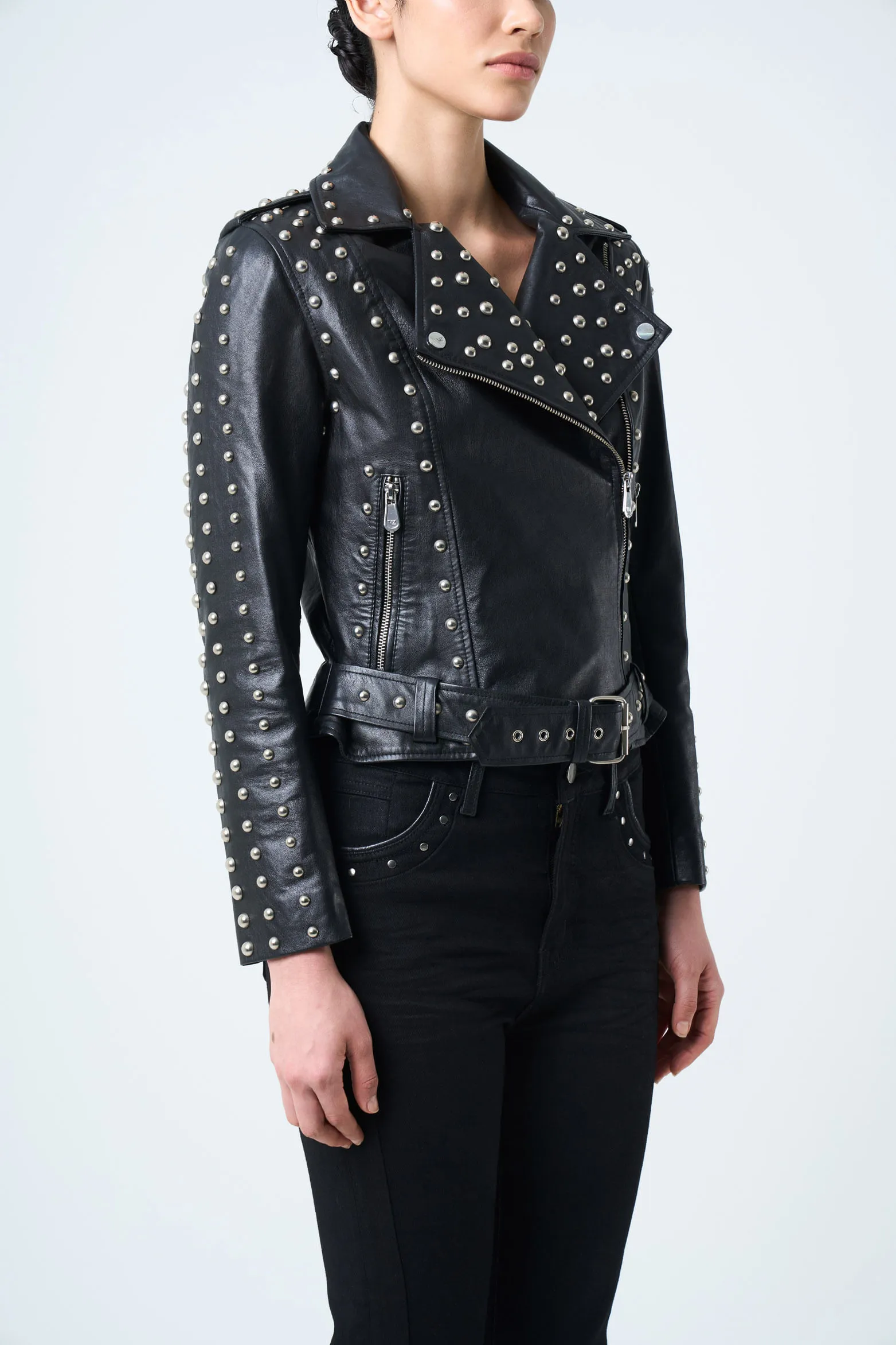 Chaqueta silueta Biker de cuero para mujer taches