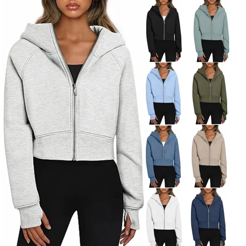 Crop Cube Coldie Womens Fleece Chaqueta de yoga engrosada Full Zipper Full Sport Capada suelta Cardigan Cardigan Sweinshirt