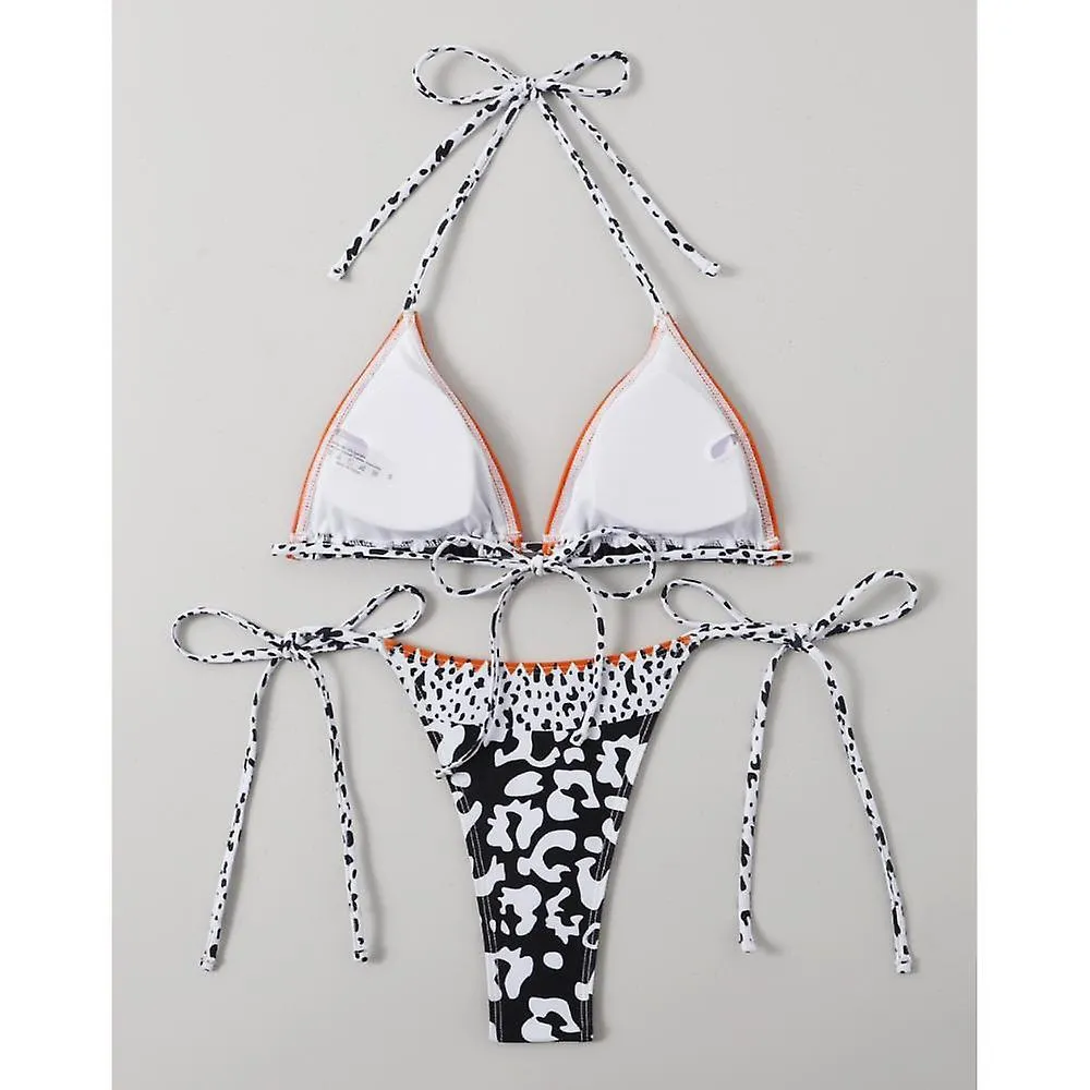 Leopard Print, Top Triangle Trim, Pleated Bandage Split Swimsuit, Comfortable and Cool Three-point Neck Bikini (L)