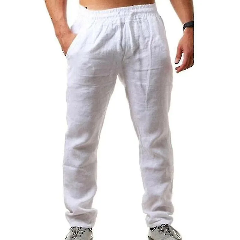 Mens Summer Cotton Linen Pants Drawstring Elasticated Loose Soft Casual Holiday Trousers