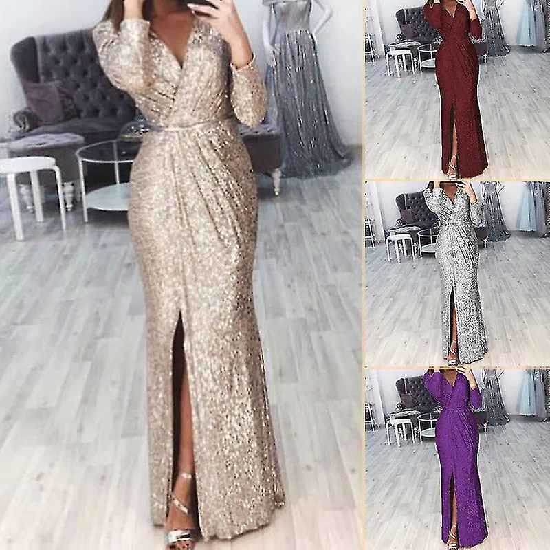 Mujer Cuello V Vestido de lentejuelas con hendidura manga larga Club Party Evening Dress para mujeres Dama Nuevo