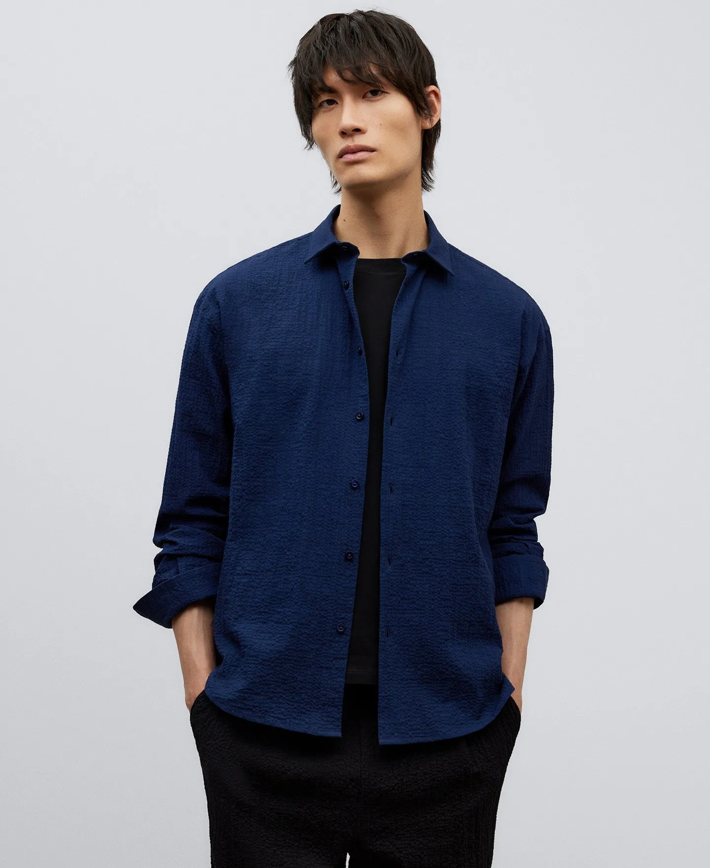 Navy blue cotton shirt man