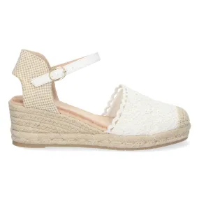 Sandalias de cuña en yute estilo crochet para mujer color blanco