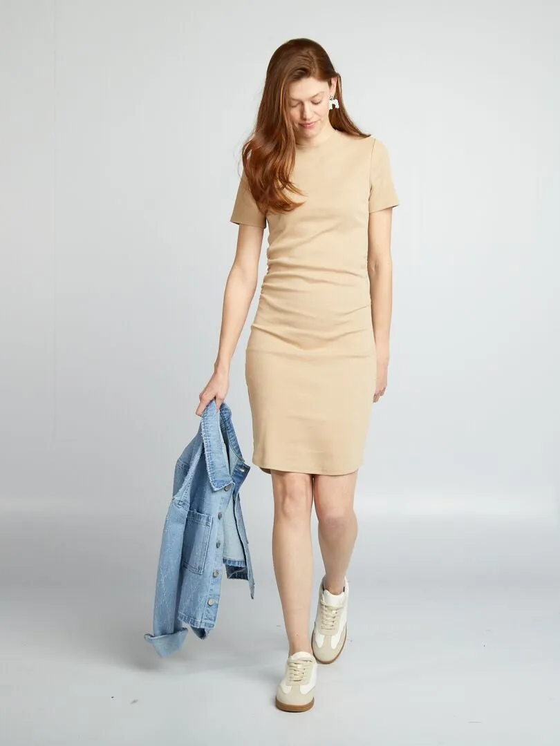 Vestido de punto de canalé - BEIGE