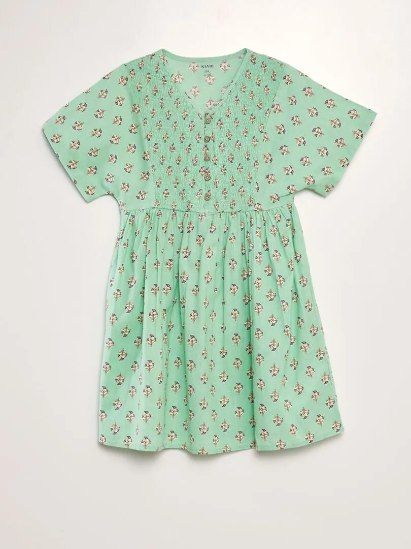 Vestido estampado de algodón y lino - VERDE