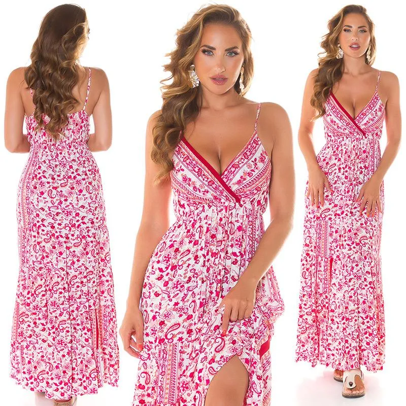 Vestido largo de verano y tirantes rosa